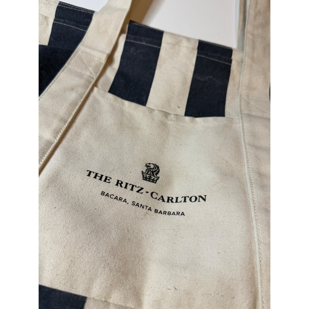 The Ritz-Carlton Bacara Santa Barbara Canvas Tote Bag Navy Stripe Gemline Zipper - Picture 4 of 10